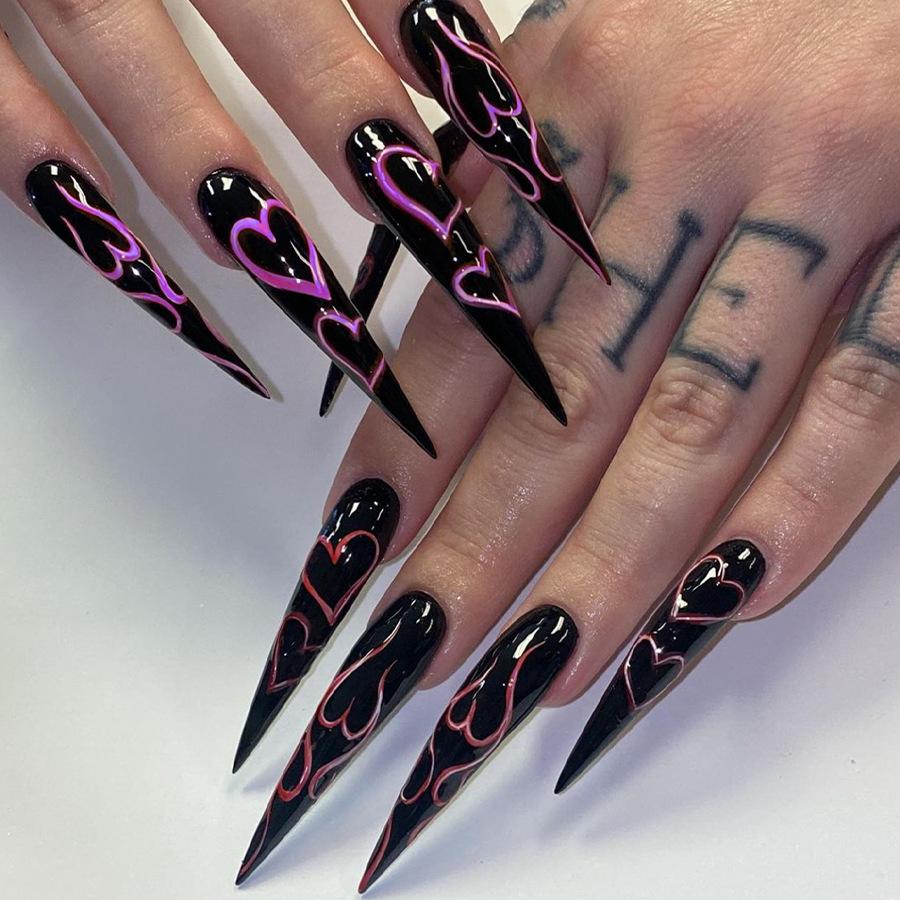 24Pcs Wine Red French Stiletto Press On Nails With 3D Bow Cherry Pearl Decor Detachable Fake Nail Tips