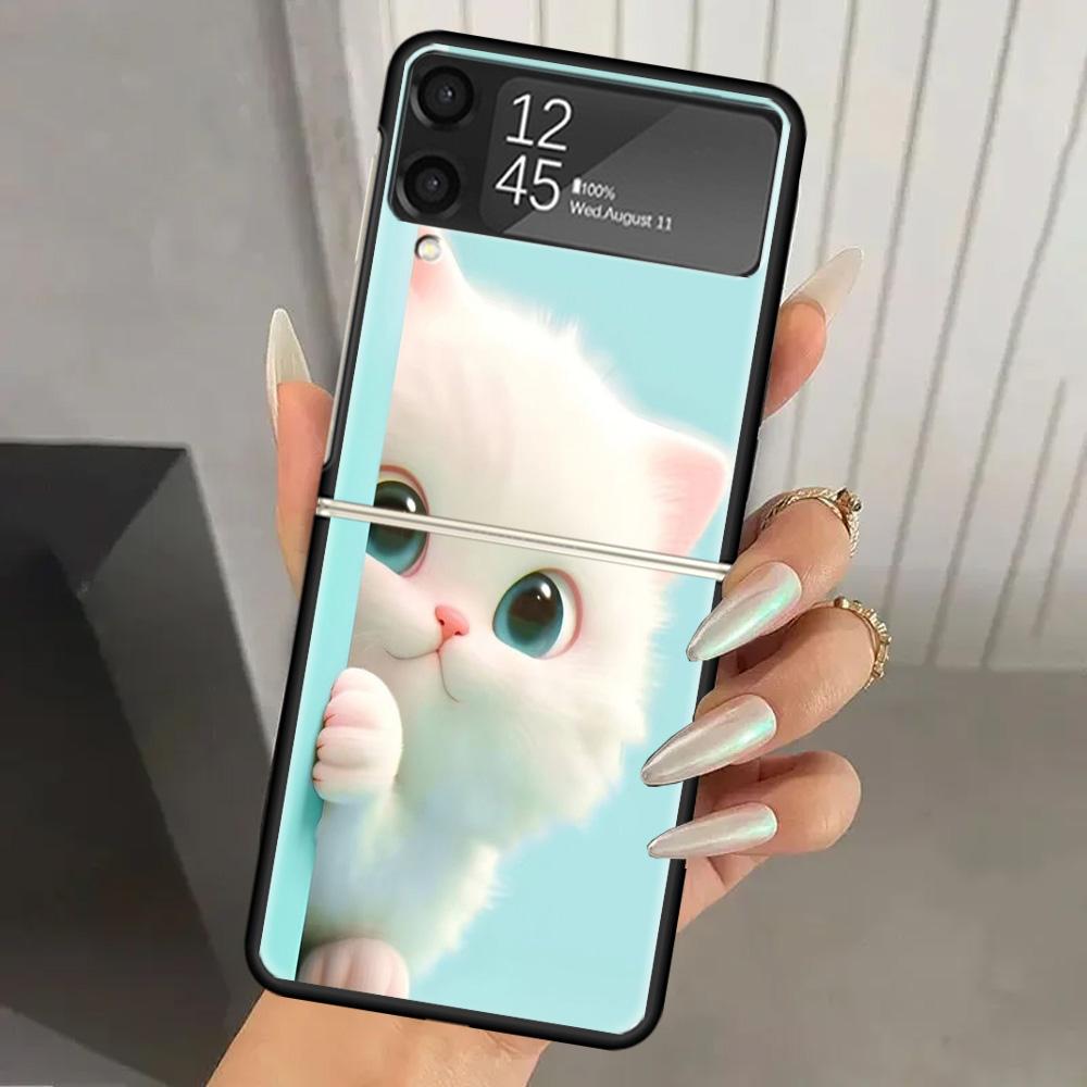 Cat Cute Kitten Cartoon Hard PC Phone Case For Samsung Galaxy Z Flip 7 6 5 4 3 Black ZFlip7 ZFlip6 Flip5 Flip4 Flip3 5G Print Co