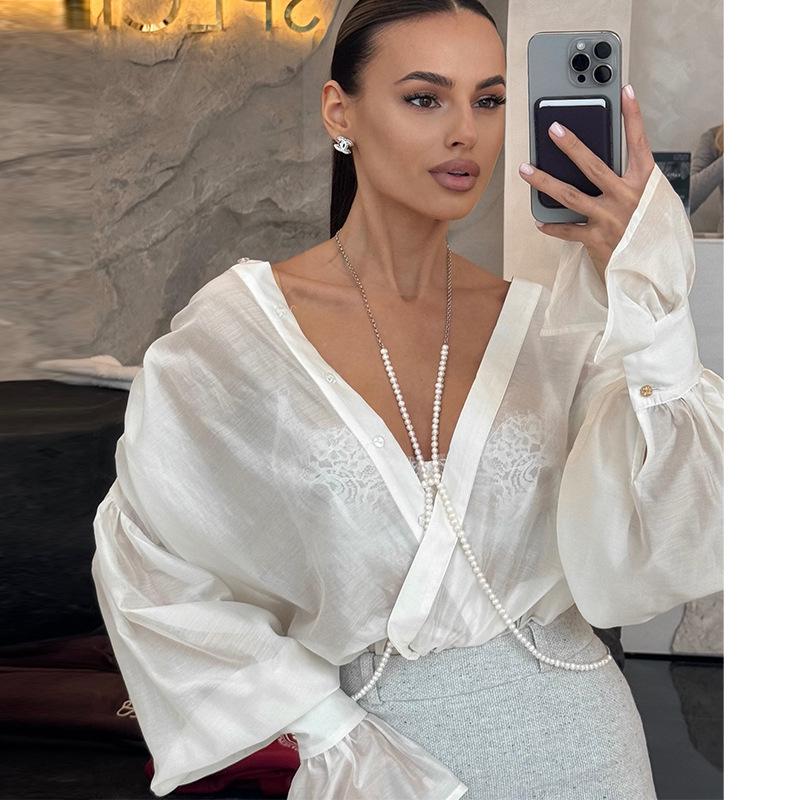 Spring 2025 Women's European and American Loose Lantern Sleeve Top