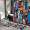 4Pcs 2D Flat Printing Patch Wooden Door Pattern Shower Curtain Set with Non-Slip Bath Mat, Toilet Lid Cover, Contour Rug & 12 Hooks, Bathroom Decor