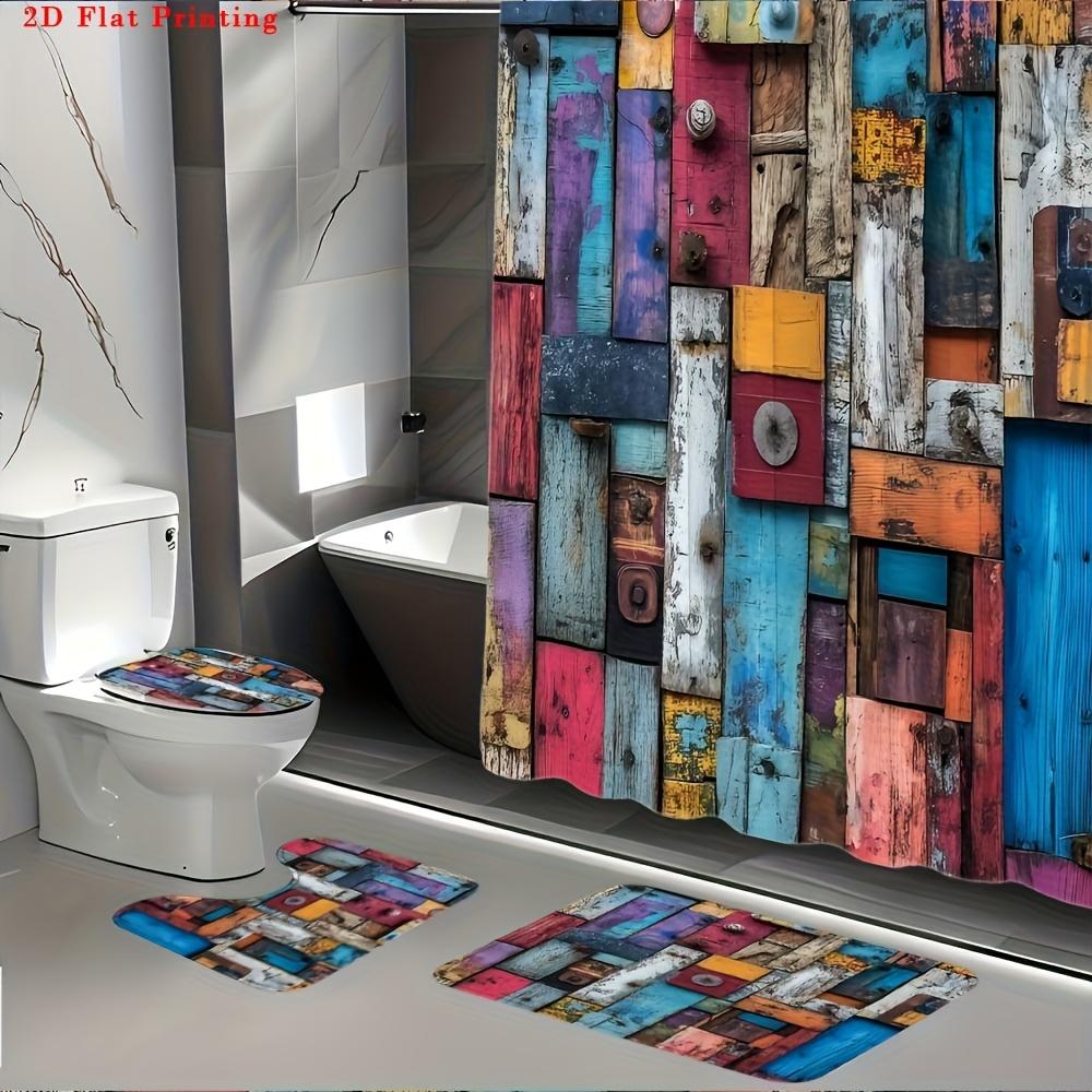 4Pcs 2D Flat Printing Patch Wooden Door Pattern Shower Curtain Set with Non-Slip Bath Mat, Toilet Lid Cover, Contour Rug & 12 Hooks, Bathroom Decor