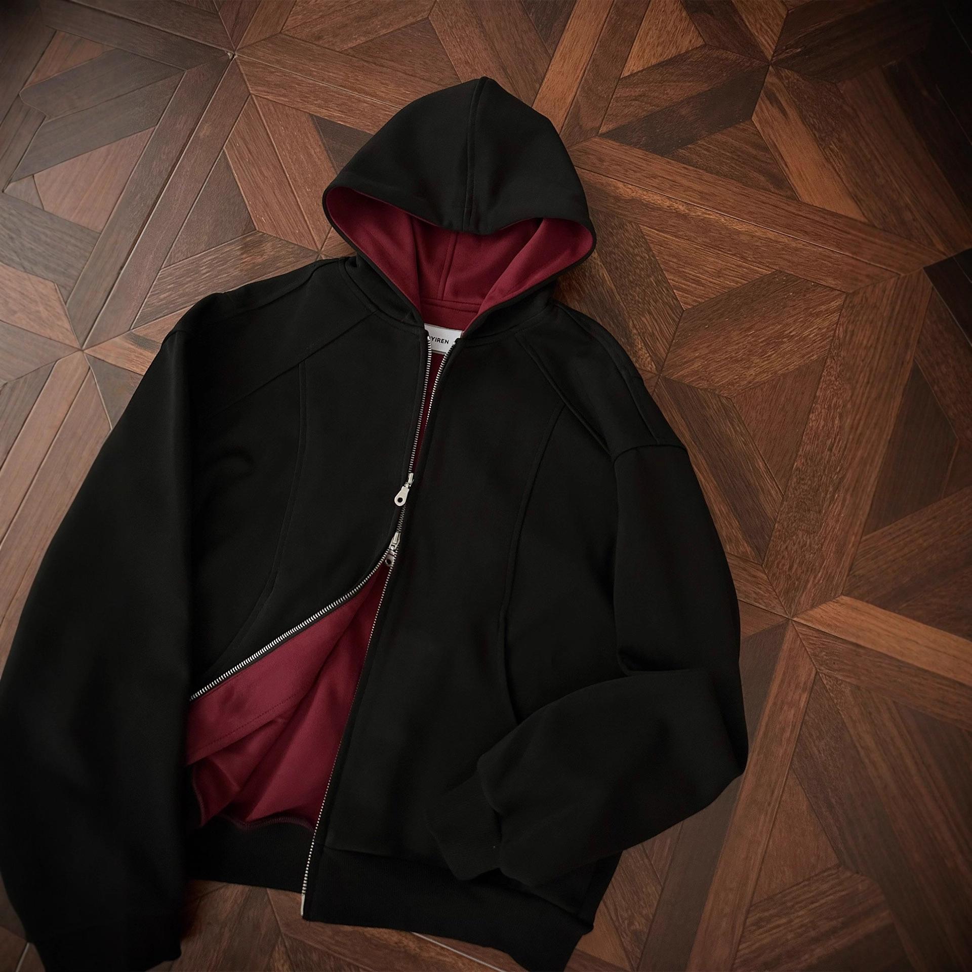 Весна, Осень и Зима Новинка Американский Ретро Контрастный Цвет Универсальный Кардиган С Капюшоном На Молнии Мужские и Женские Пальто XXL чёрный