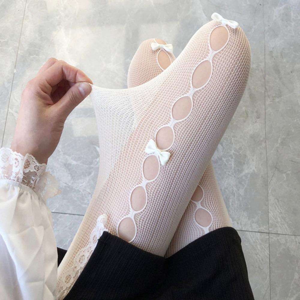 White Silk Fishnet Socks Summer Ultra-thin Bow Girl Japanese JK Black Stockings Sexy Hollow White Pantyhose