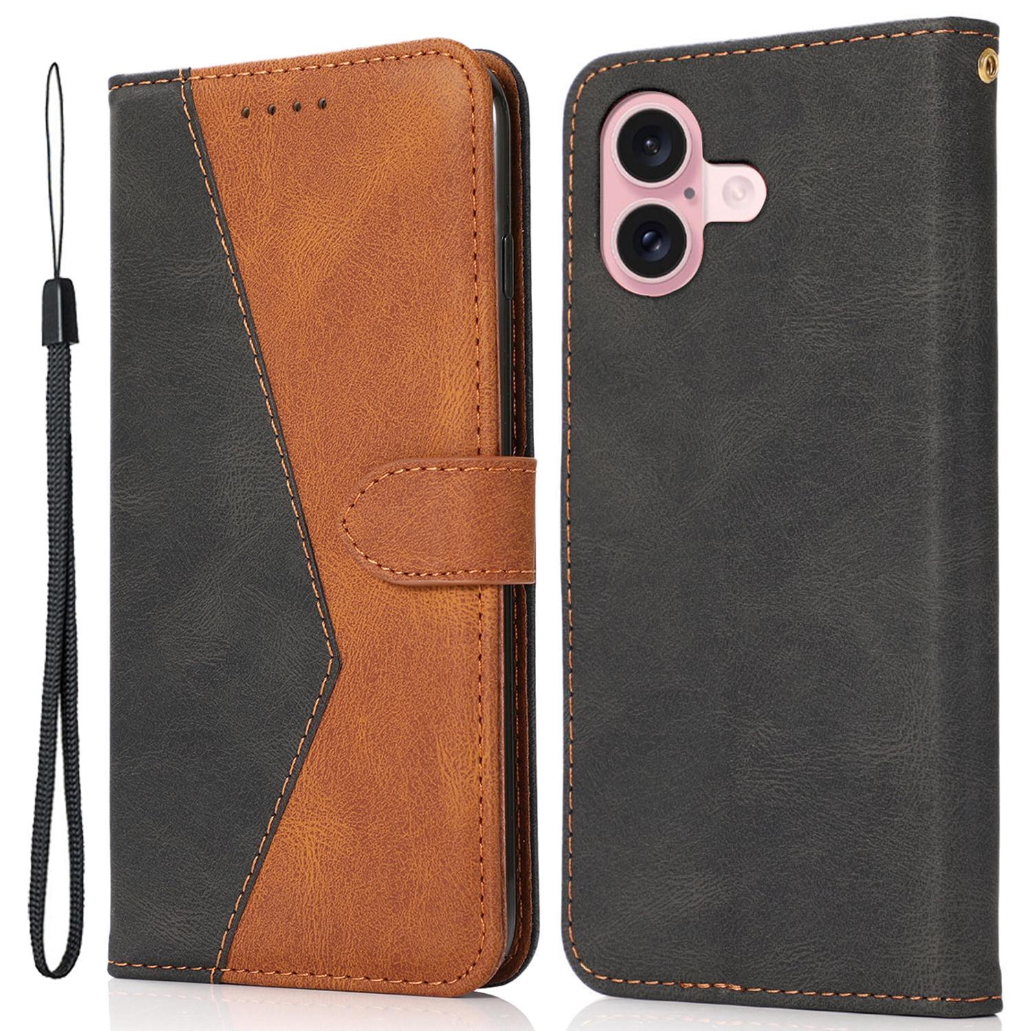 

For iPhone 16 Plus Case Splicing Color Magnetic Clasp Leather Phone Cover Black+Brown