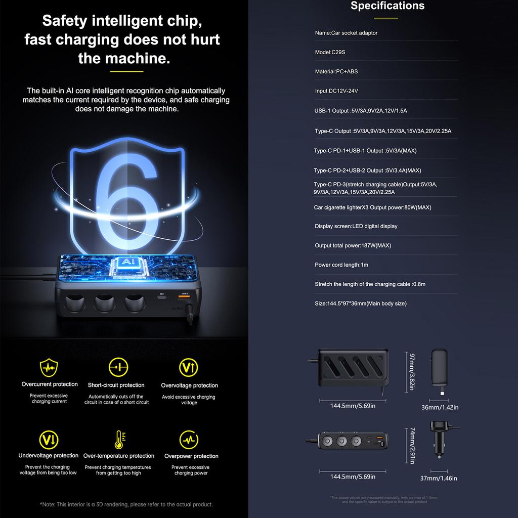 PD45W 3.0 Fast Charging 187W Auto Adapter 3 Port Car Chargers with Independent Switches Intelligent Current Management