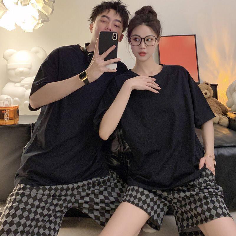 Summer Korean Style Couple s Pajama Set: Women s & Men s Short Sleeve Round Neck Homewear Male XL (130-155 lbs)