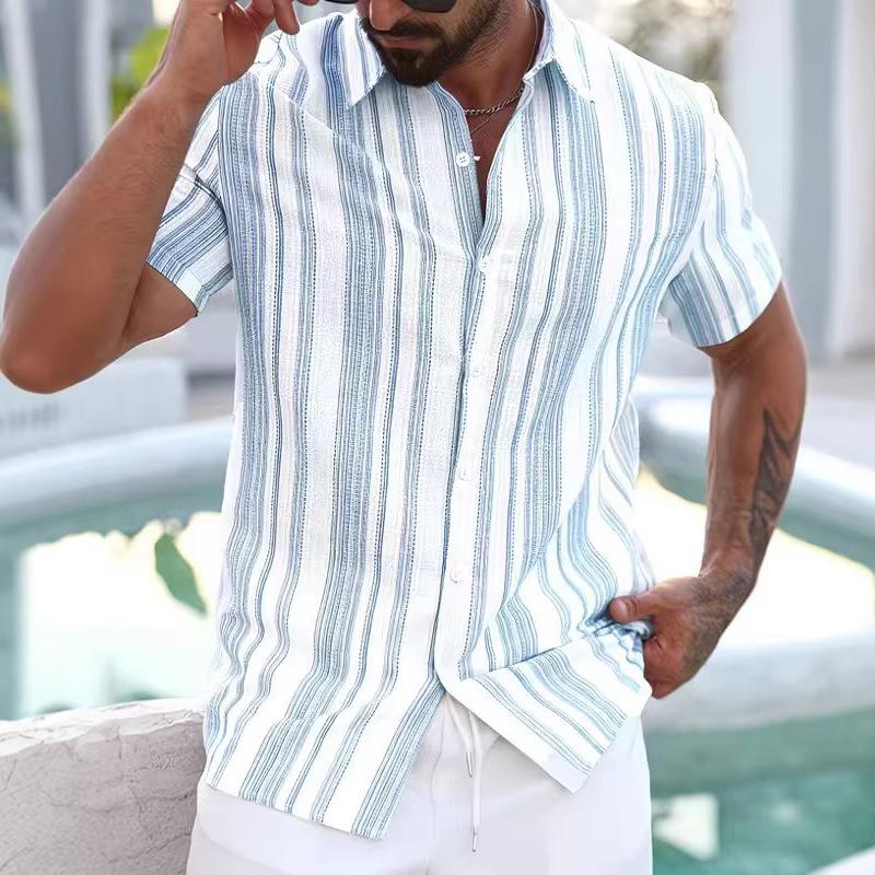 Men's Blue White Vertical Stripe Short Sleeve Shirt Casual Button Down Summer Blouse