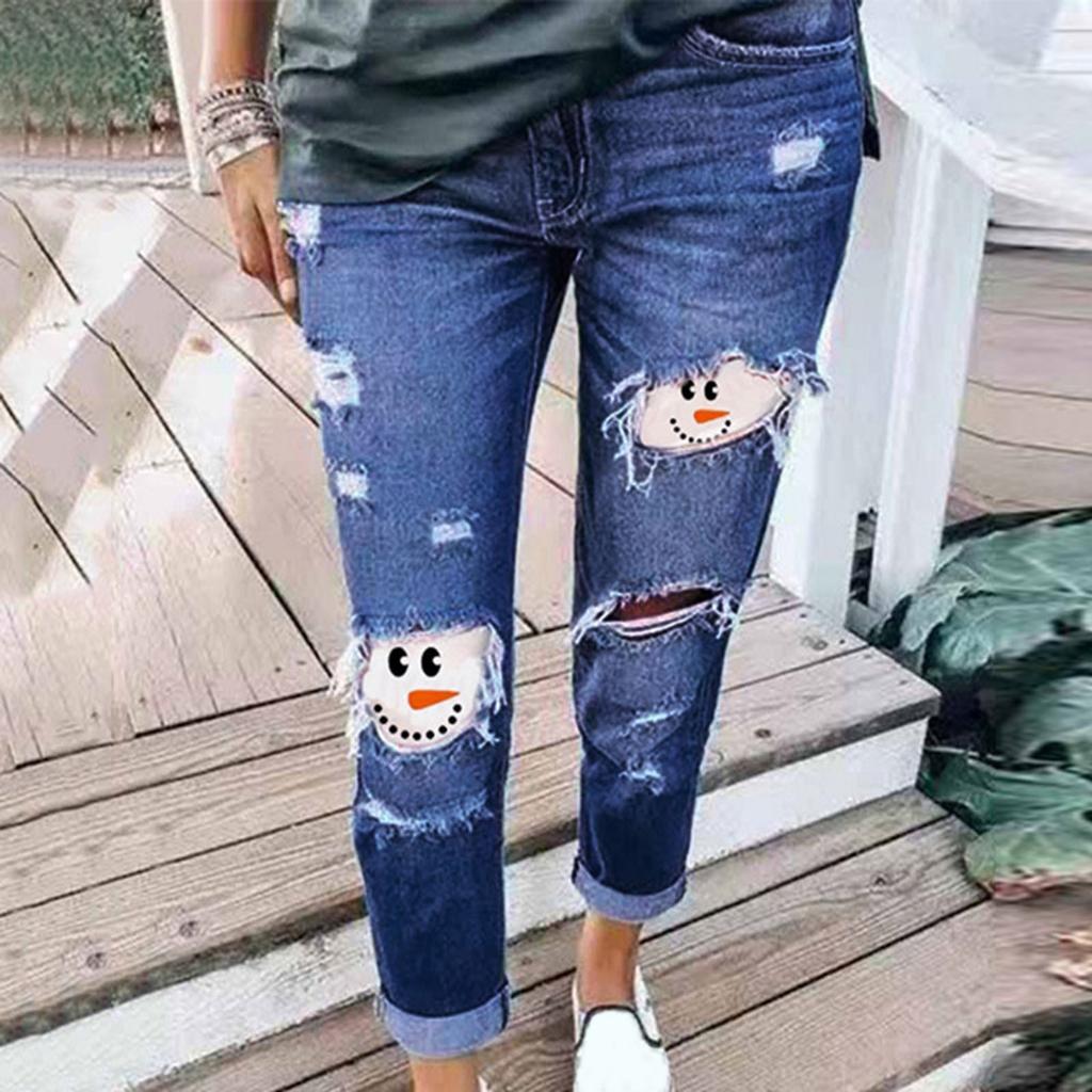 Women Jeans Snowman Print Ripped Jeans 