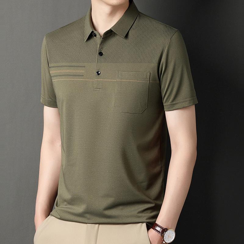 

Dad s Summer Clothing Lapel Short-sleeved T-shirt Men s Pocket Half-sleeved Tops Striped Pockets Men s Polo Shirt Men s Clothing 4XL зелений
