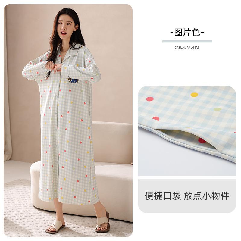 Pajama Women Spring And Autumn Cotton Long-Sleeved Pajama Skirt Sweet Cartoon Loose Large Size Can Be Worn Outside Loungewear