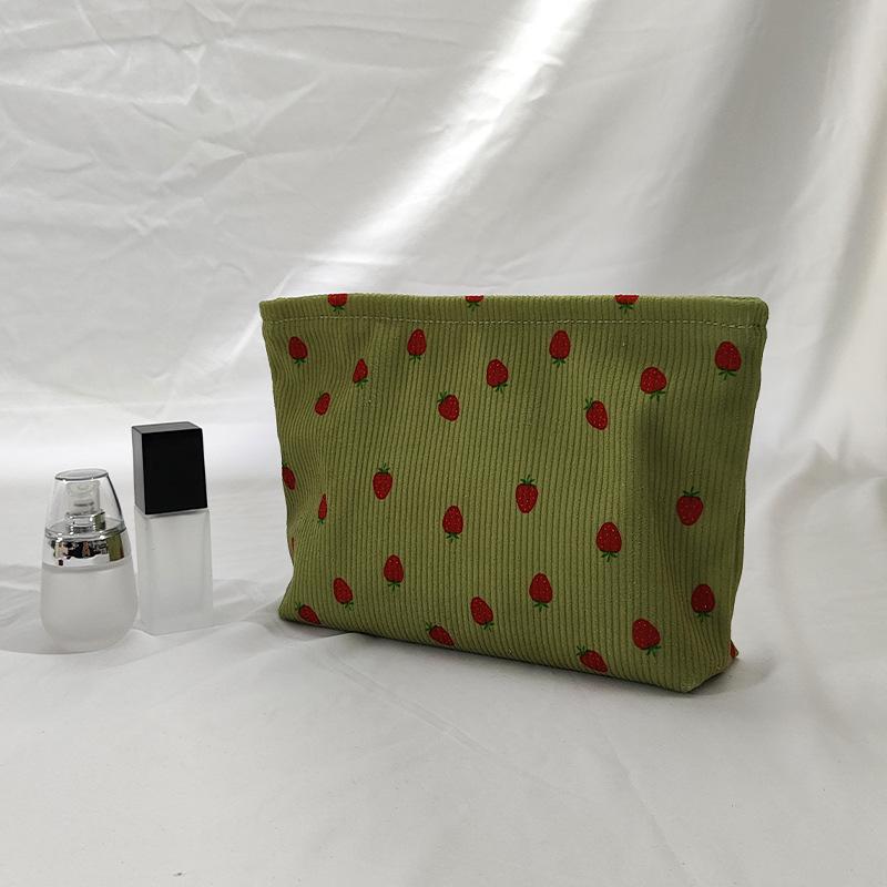 Fashion Cherry Printed Corduroy Makeup Bags Large Capacity Lightweight Zipper Makeup Storage Box Multifunctional Bag with Lining