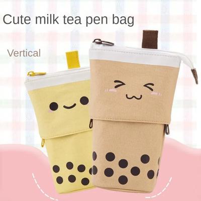 Standing Milk Tea Pencil Case Cute Telescopic Pen Holder Stationery Pouch Pen Box for School Students Office Supplies Pencil Bag