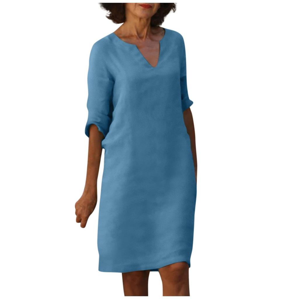 Women'S Retro Solid Color V-Neck Mid-Sleeve Tunic Dress - Easy-Care Knee-Length All-Season Comfort Non-Stretch