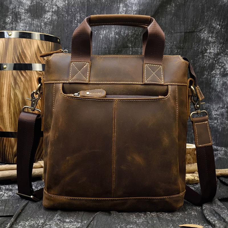 Men S Leather Handbag Vertical Crazy Horse Leather A4 Briefcase Casual Bag Business Messenger Bag Retro Shoulder Bag