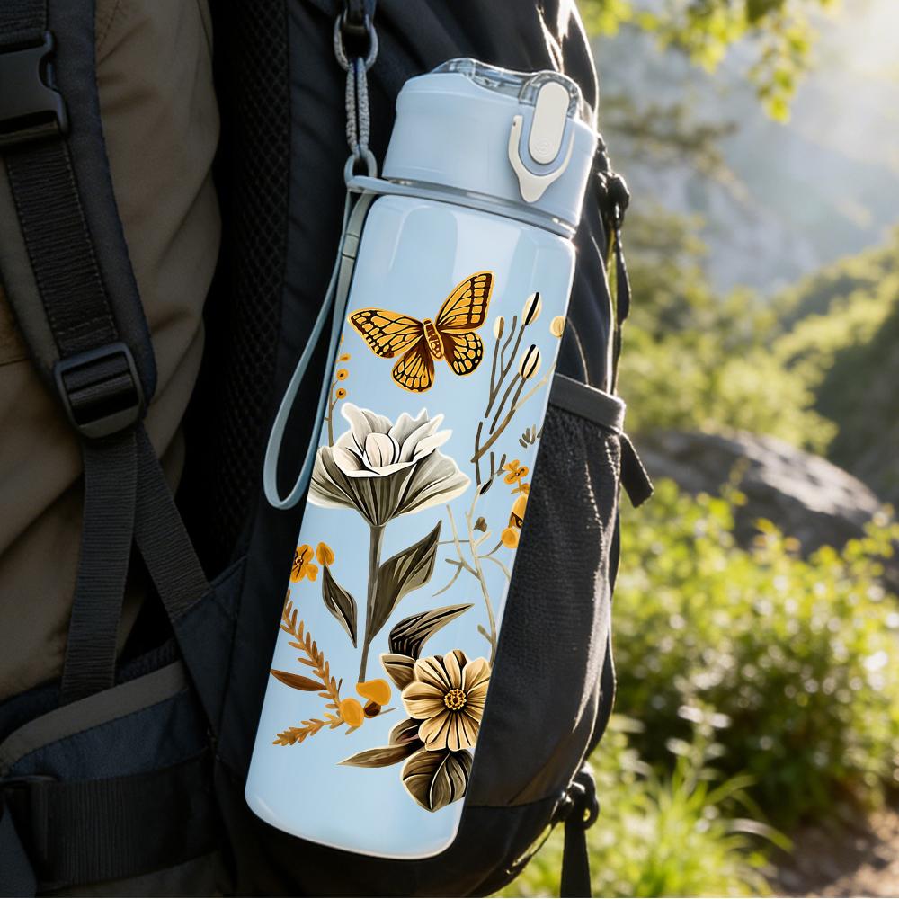 1PC Dried Flower Butterfly Wreath 750ml Color Plastic Sports Water Bottle Leakproof Flip Straw Lid Suitable for Sports Office Home Use