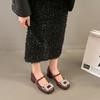 French Thick Heel Square Head Mary Jane Small Leather Shoes Women's Spring 2025 New Rhinestone Square Buckle Light Mouth Color Matching Shoes