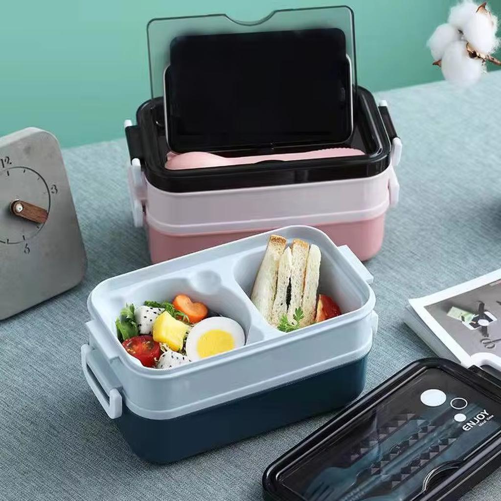 Food Grade Plastic Lunch Box 2 Layer Bento Box Microwave Safe with Utensils for Car
