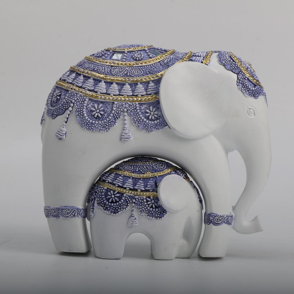 Blue and White Trunk-Up Elephant Sculpture -Prosperity and Good Luck Charm, Ldeal Home Décor & Universal Gift