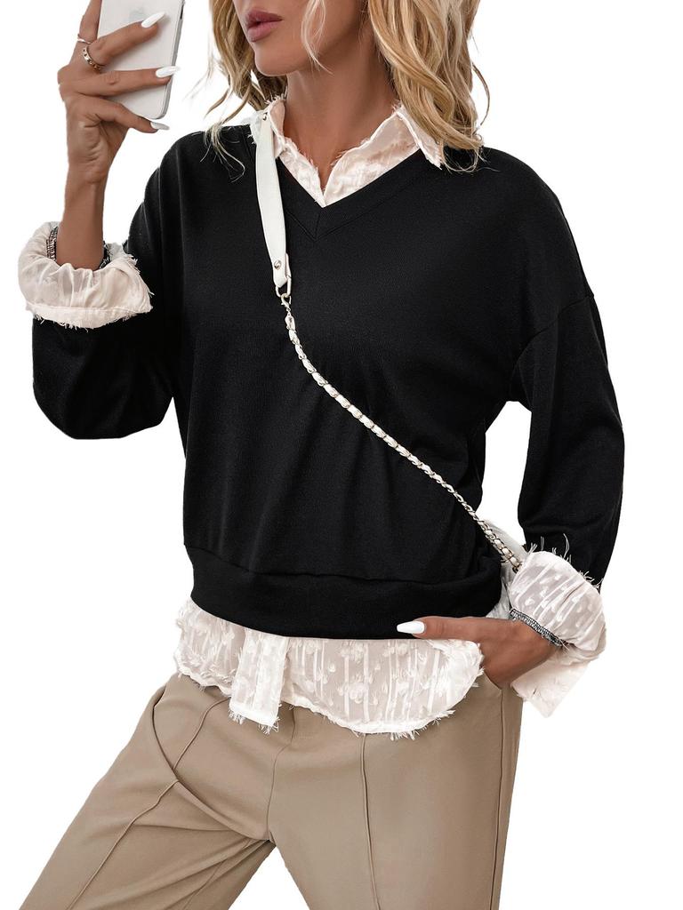 2025 Autumn Cross-border Lapel Two-Piece Lace Trim Top