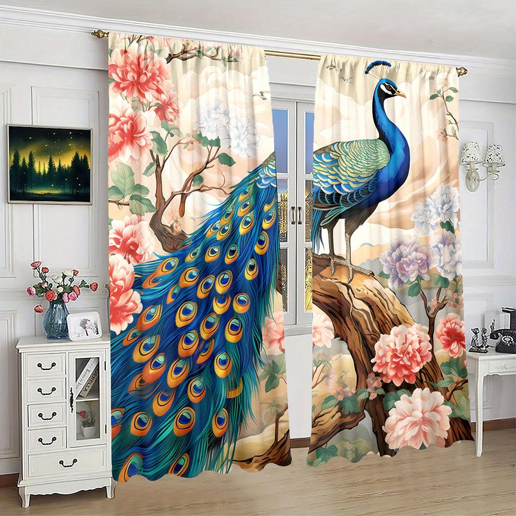 2pc Blue Peacock and Golden Tree Pattern Curtain Set Rod Pocket Mount Digital Printed Polyester Curtains for Living Room Kitchen