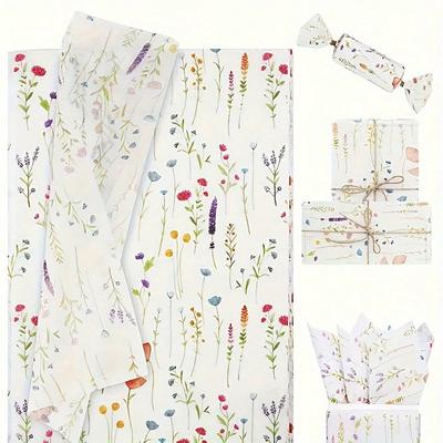 50sheets Lavender Wrapping Paper, Wildflower Printed Art Deco Tissue Paper For Wedding Gifts Engagement Packaging