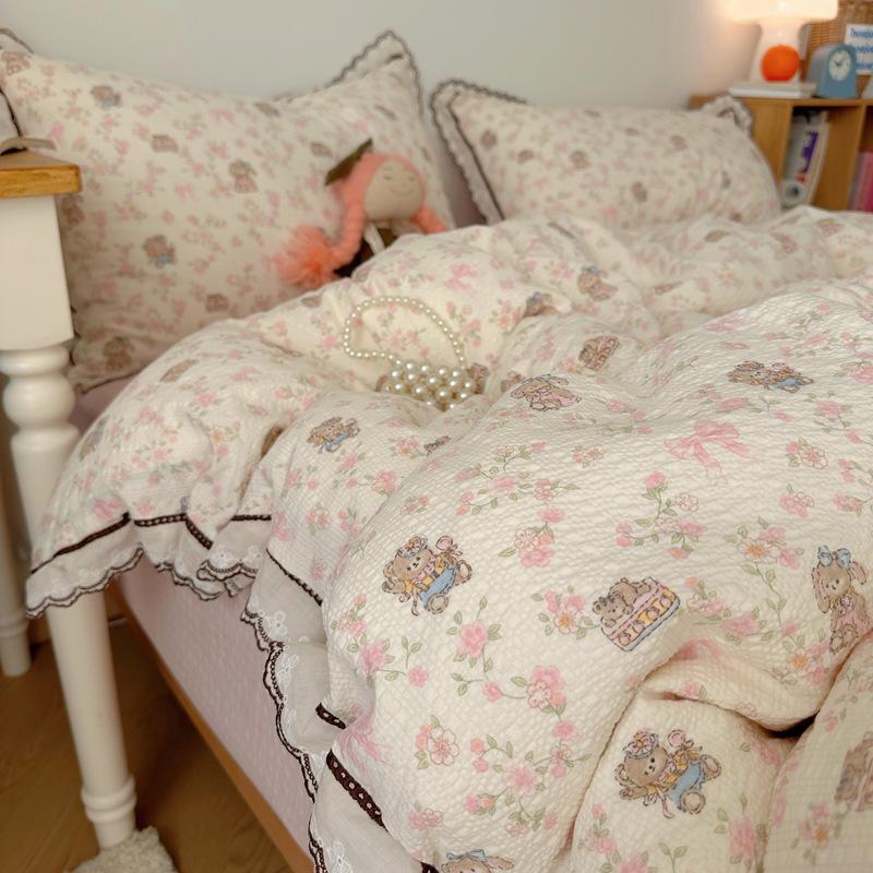 Korean French Style Hollow Lace Puff Cotton Bedding Set, Girly Duvet Cover - Available As 4-Piece or 3-Piece Set