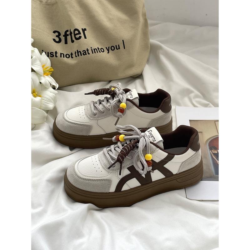 Retro color matching thick bottom beaded women's new round head lace-up fashionable versatile casual sports board