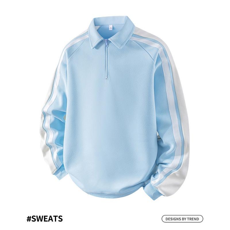 Men S Casual Striped Contrast Color Turn Down Collar Long Sleeve Polo Sweatshirt Loose Fit