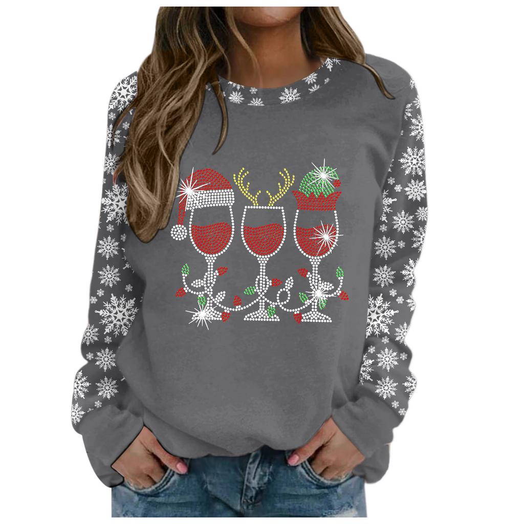 Weihnachts-Sweatshirt Weinglas Hut Schneeflocken-Print Pullover Herbst und Winter Rundhals Langarm Kapuzenlose Oberteile Lässiger Hoodie