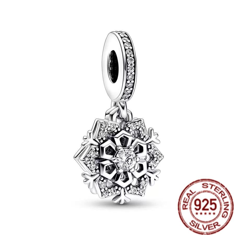 Sparkling Snowflake Double Dangle Charm Beads Fit Original Fasion 925 Sterling Silver Bracelet Necklace DIY Fine Women Jewelry