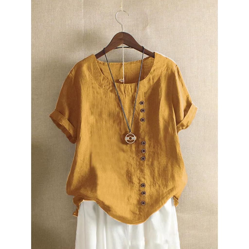 18 Colors S-5XL Women Cotton Linen Button Blouse Summer Female O-Neck Short Sleeve Solid Shirt Tops