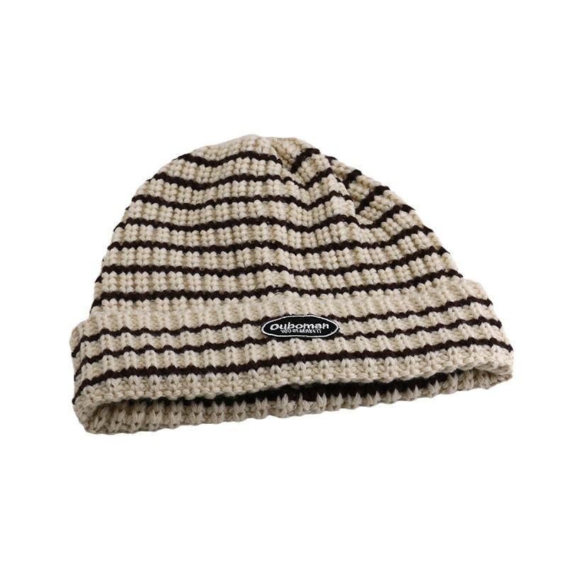 New Korean Version of Versatile Knitted Hat for Women's Trendy Warm Striped Wool Hat Big Head Ear Protection Cold Hat