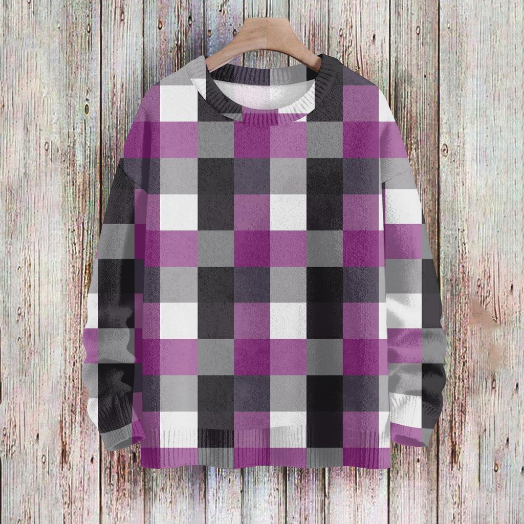 Women's Fashionable Casual Long-sleeved Checkered Printed Round-neck Sweater Knitted Top