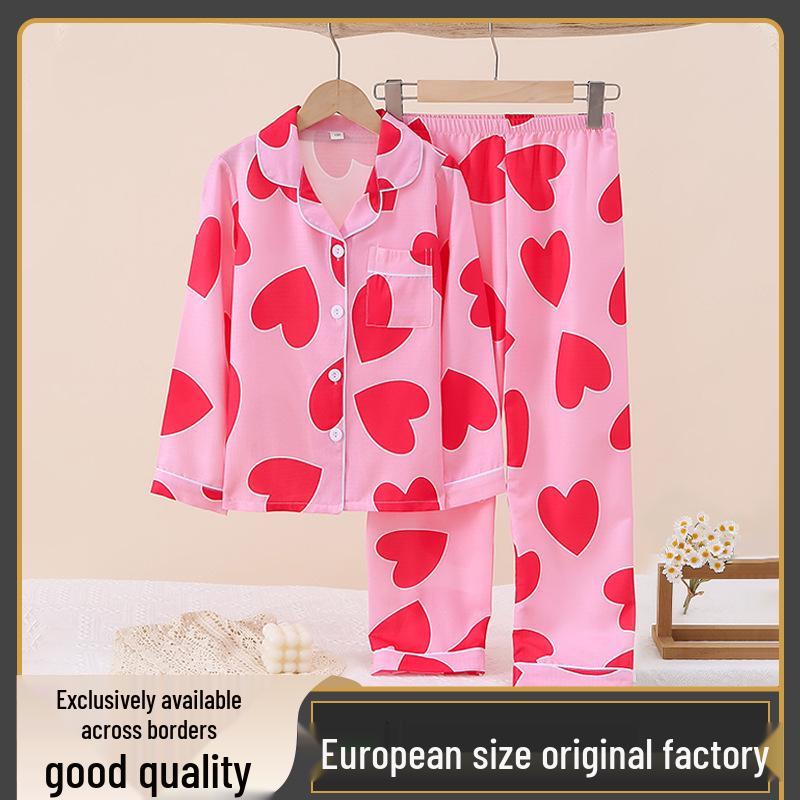 Long Sleeve Color Block Heart Pajamas Set for Girls - Two-Piece 130cm