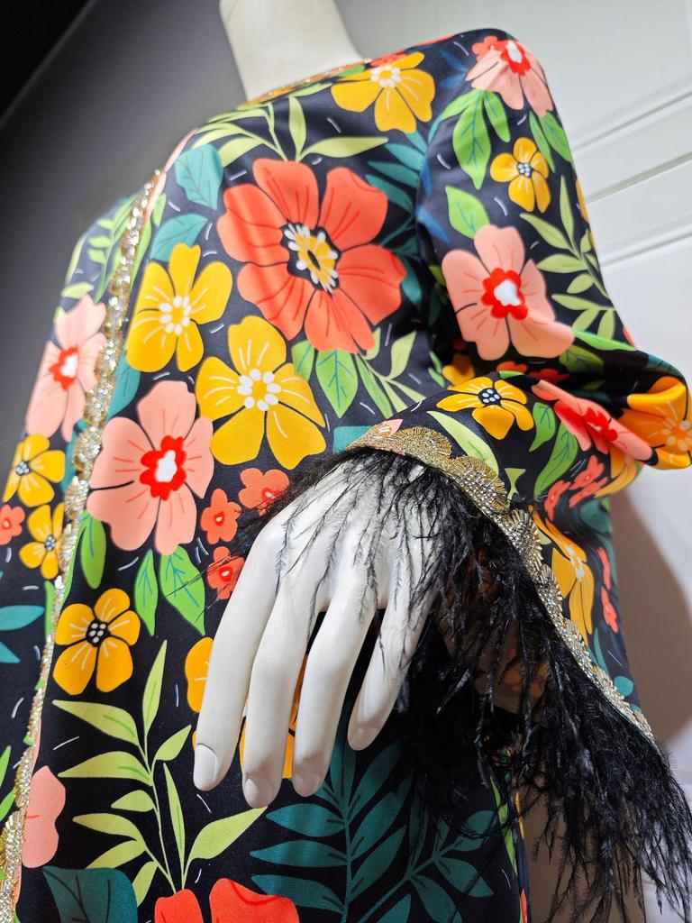 AB359 Stylish Long Robe with Feather Details: European & American Muslim Fashion