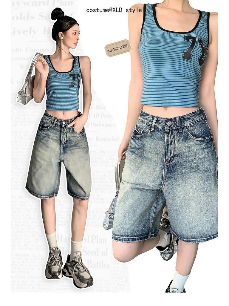 2025 Spring/Summer American Retro High-Waisted Distressed Denim Mid-Length Women's Shorts, Versatile Loose Wide-Leg 5-Point Pants