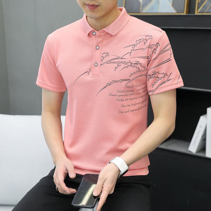 

Мужская рубашка поло с пуговицами и отворотами, новинка 2023 года, летняя тонкая мужская рубашка с короткими рукавами и короткими рукавами высокого класса 3XL розовый
