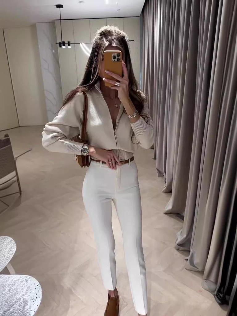 Top Curto Versátil Feminino Cor Sólida Costura Slim-Fit Outono 2024