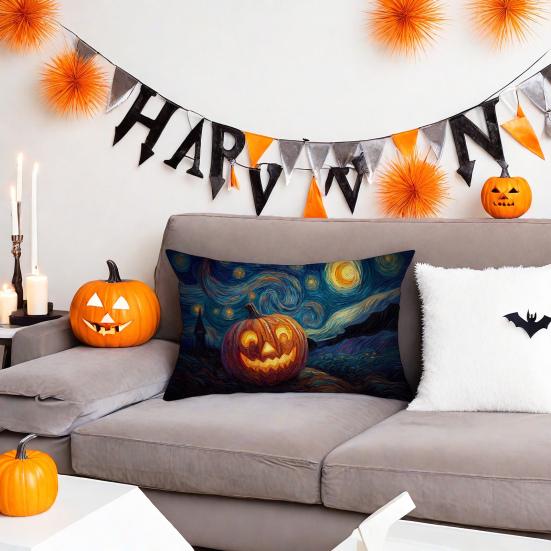 Halloween Pillow Cover Pumpkin under Starry Night Pillowcase Artistic Pillow Case for Bedroom Living Room Guest Rooms Sofa Decor
