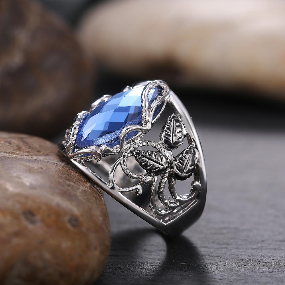 Huitan Fashion Wide Women Ring for Party Daily Wearable Zircon Noble Rhombus Cut Blue Horse Eye Drill Stone Hollow Leaf  Rings
