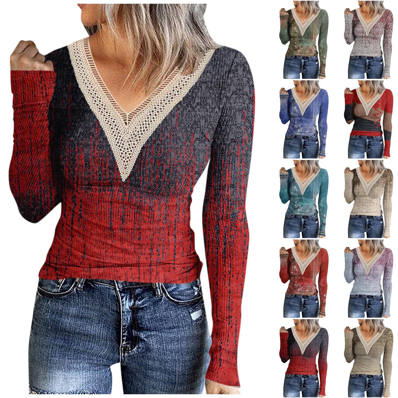 

Ladies Fashion Casual Printed T-Shirt V-Neck Lace Splicing Long Sleeve Top
