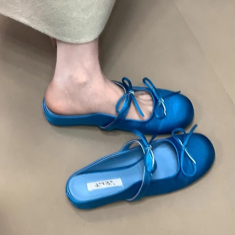 Suding Home, Inner Height Increase Purple Baotou Half Slippers Women's New Spring and Summer 2025 Double Bow Mary Jane Shoes