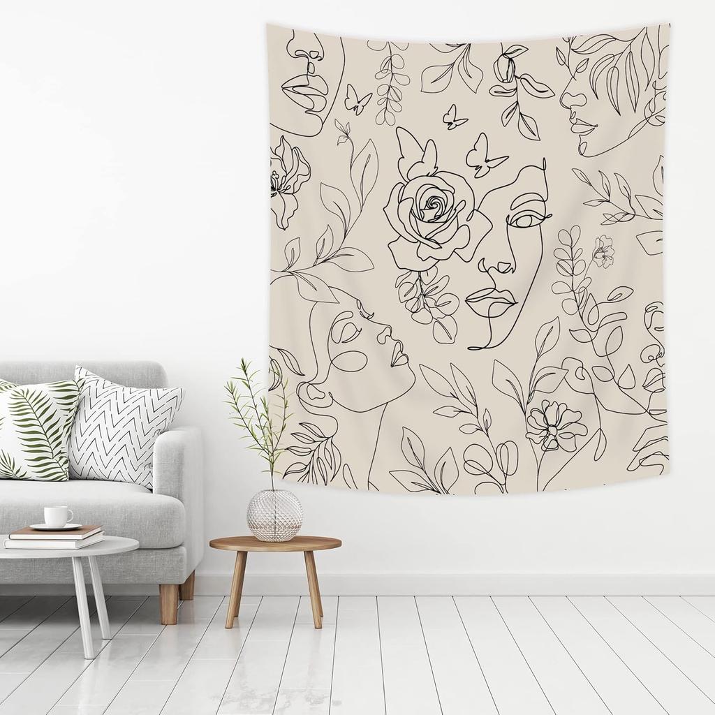 Abstract Woman Face Tapestry Floral Leaves Butterfly Art Line Lady Beige Black Flower Aesthetic Modern Sketch Minimalist Simple