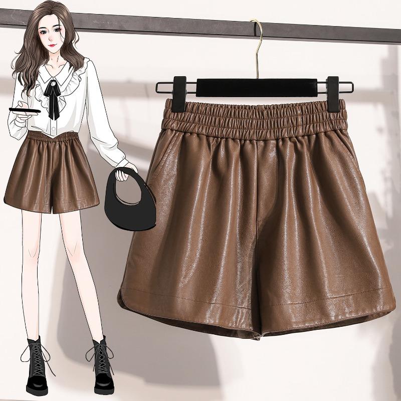 

Dimanaf 2024 Большие размеры Осенние зимние шорты женские однотонные новые повседневные свободные широкие брюки из искусственной кожи с высокой талией короткие брюки M коричневый