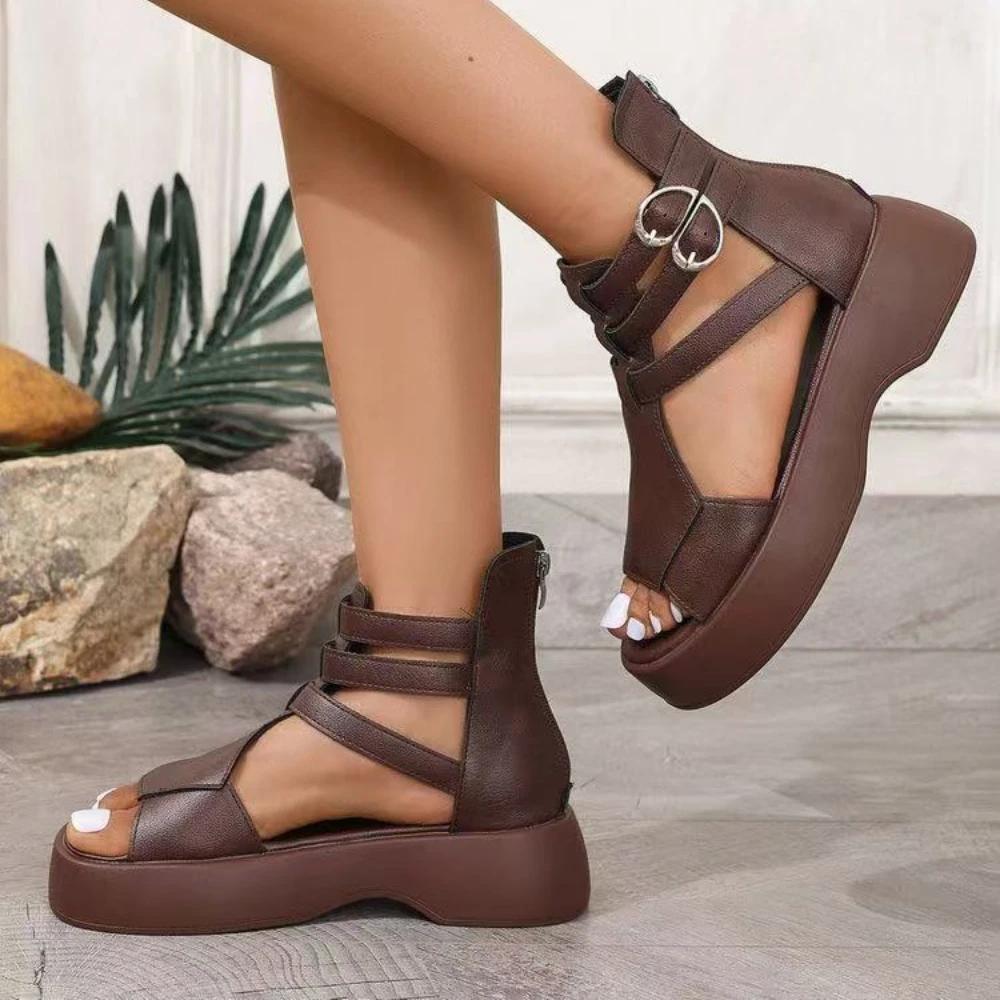 Fashion Retro Women Sandals Fashion Leather Women Boots Breathable Platform Shoes Designer Mid Heels Women Wedges Shoes Sandalias Mujer