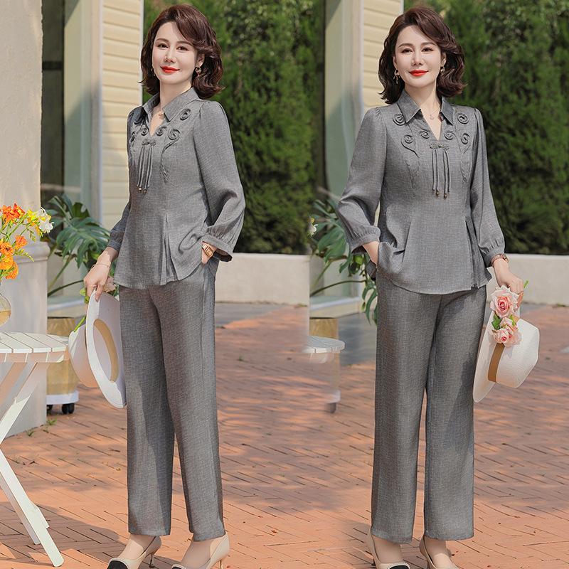 

Mom s Elegant Slimming Chinese Style Two-Piece Summer Suit for Middle-Aged Women XL сірий колір