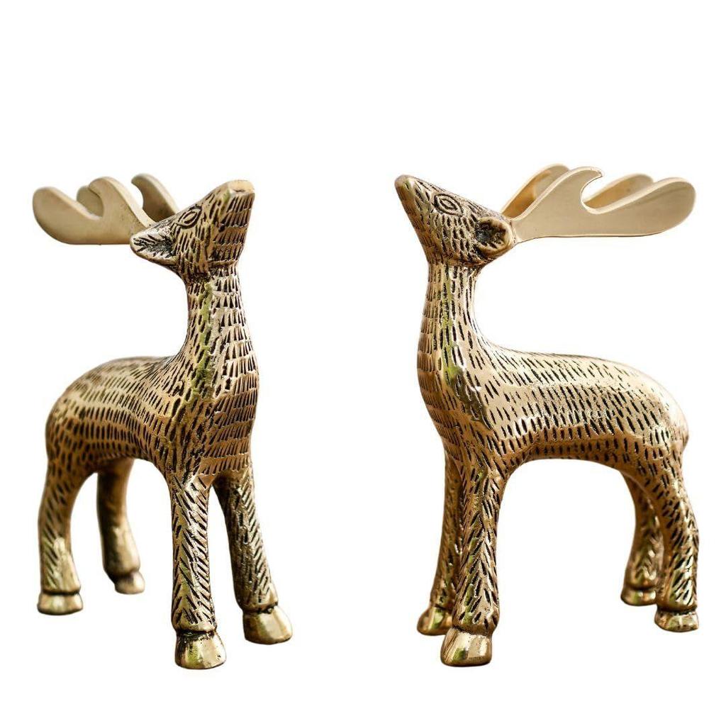 Golden Aluminium Christmas Reindeer Figurine Statue 2 Pcs | Reindeer Showpiece for Tabletop, Bookshelf, Desktop, Cabinets, (Jewellery Not Included)