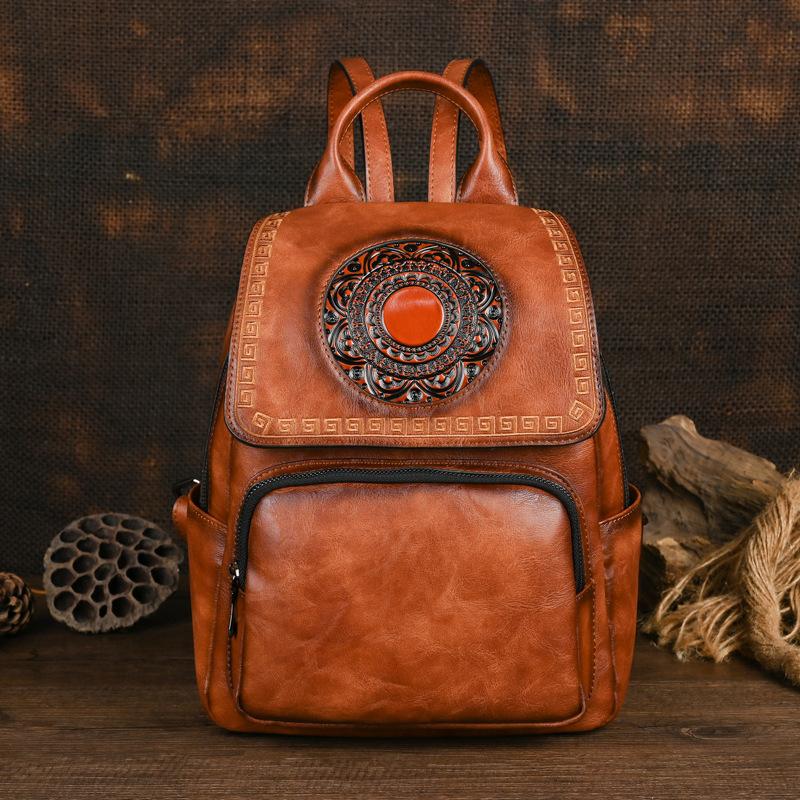 Johnature Винтажный Женский Кожаный Рюкзак Ручной Работы с Тиснением Тотема, Большой Вместимости, Универсальные Дорожные Сумки