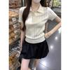 women pointelle knit polo shirt short sleeve button placket form-fitting casual solid color top