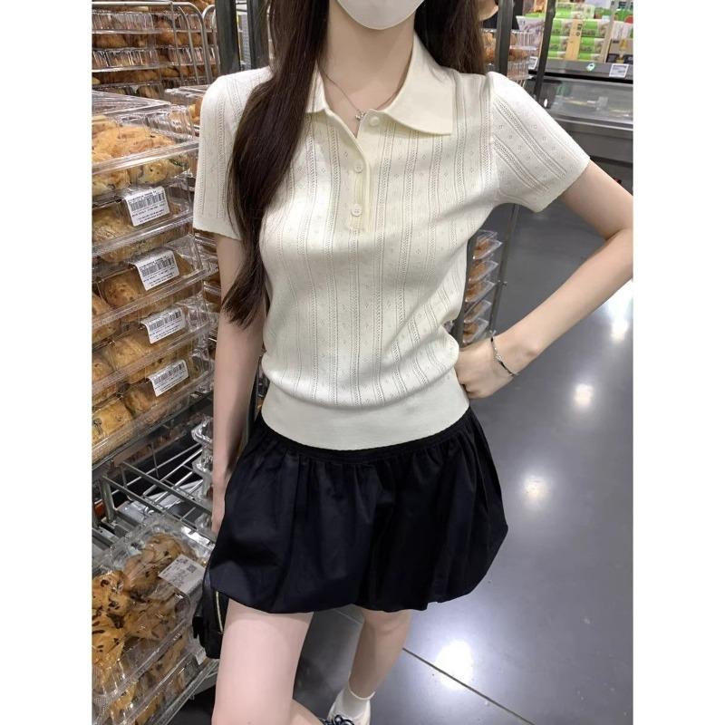 women pointelle knit polo shirt short sleeve button placket form-fitting casual solid color top